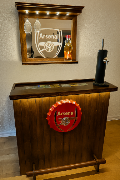 rustic, Irish pub, beer dispenser, alcohol storage unit, Arsenal football club, FA cup, EFL cup, Champions League, FIFA, UEFA, Europa league