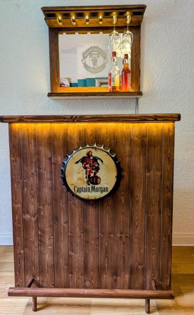 home bar furniture, led bar shelf, liquor shelf, bespoke furniture, Manchester, handcrafted, Man U, football clubs, rum, liquor, dispenser